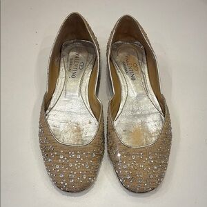 Valentino Garavani Tan Flats with Silver Trim and Swarovski Crystal Accents